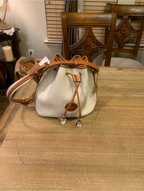 Handbags - Vintage Dooney & Burke White and Brown Drawstring Bucket Bag with Tassel Accent